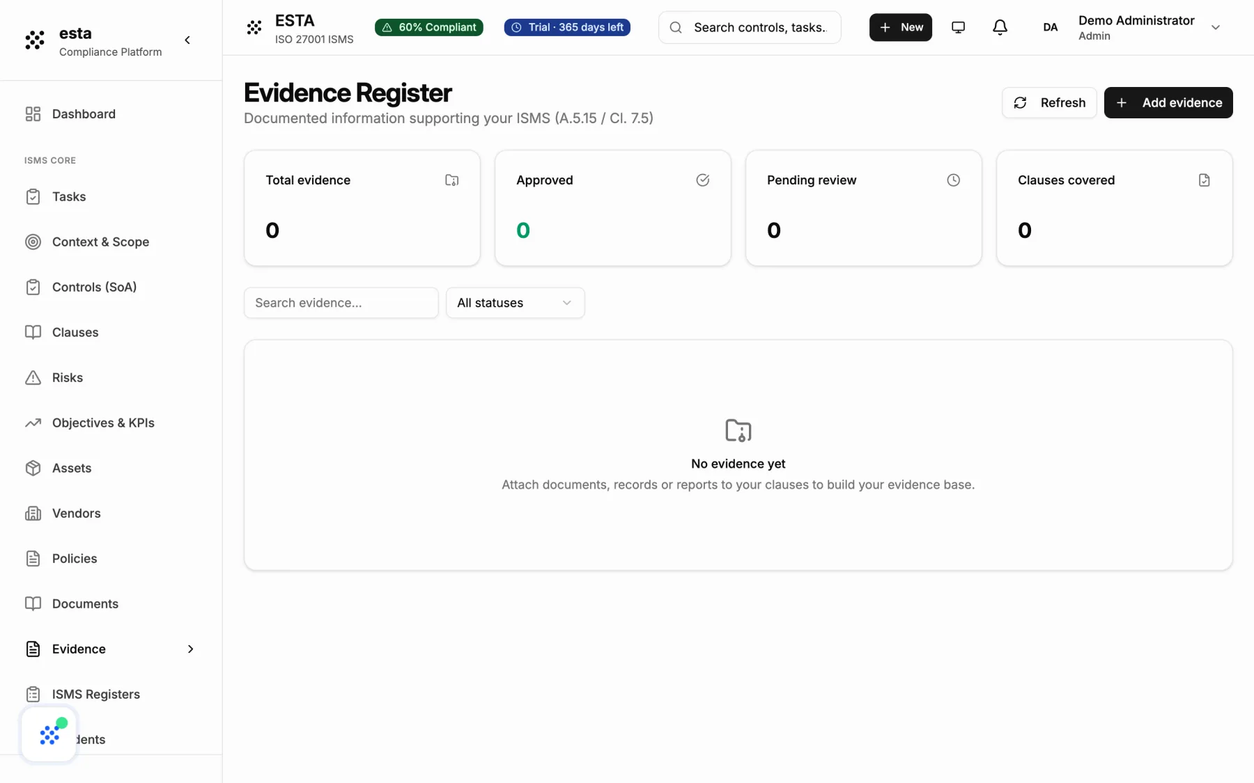 The ESTA evidence register, showing each item with its approval state and validity period.