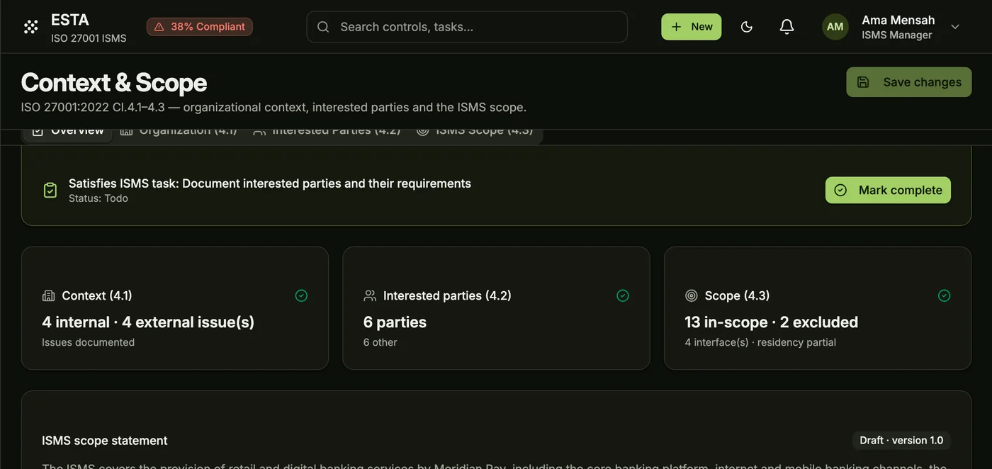 esta's context and scope page: issues, interested parties, the in-scope count and the ISMS scope statement awaiting approval.
