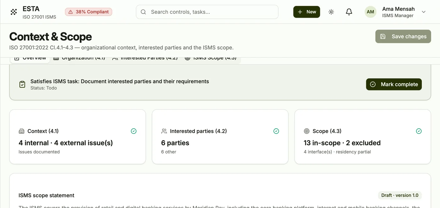 esta's context and scope page: issues, interested parties, the in-scope count and the ISMS scope statement awaiting approval.